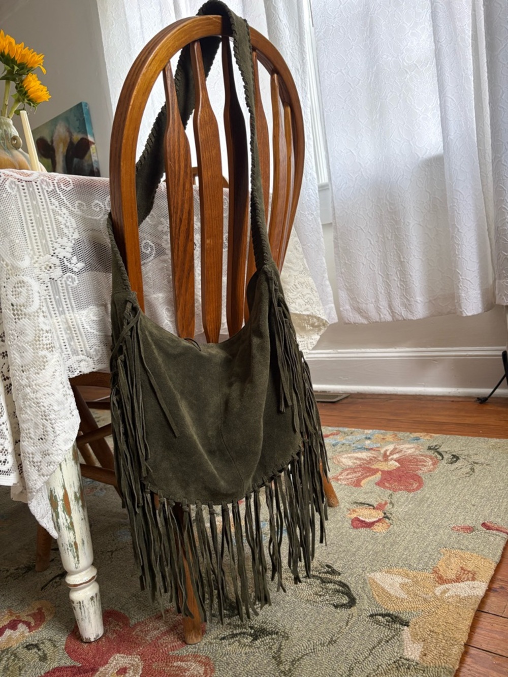 Free People (Silence + Noise) Olive Green Suede Fringe Slouch Bag!!
